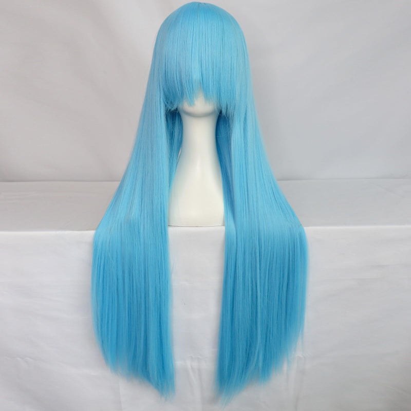 Anogol Hair Cap+32Inch/80cm Sky Blue Wig for Women Long Light Blue Wig with bangs Peluca Larga Azul Cielo Colored Wigs for Anime Cosplay Women Halloween Costumes Straight Wig for Halloween Party - Image 2